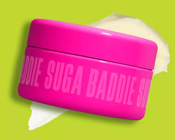 NYX Professional Makeup Fat Oil Body Butter in Suga Baddie with a textured swatch behind the packshot.