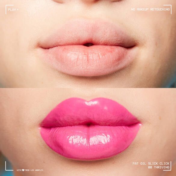 Close-up of lips, top unadorned and natural, bottom enhanced with shiny pink lip gloss, showcasing makeup contrast.