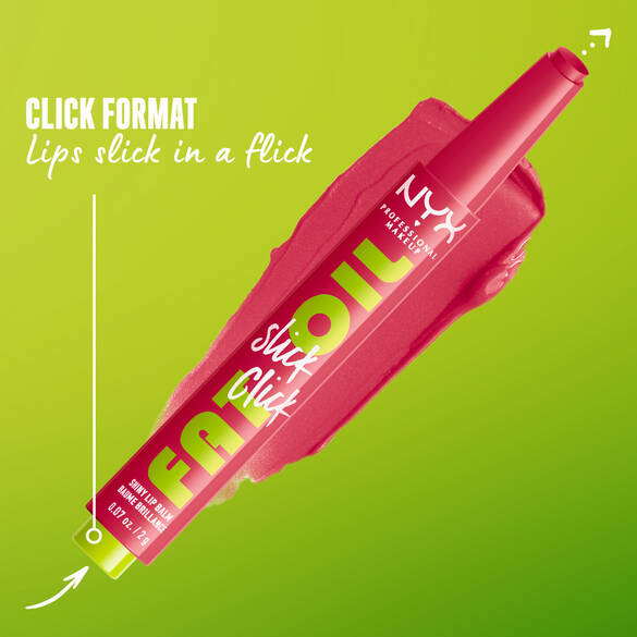 A vibrant NYX lip oil product with a click applicator, set against a bright green background.