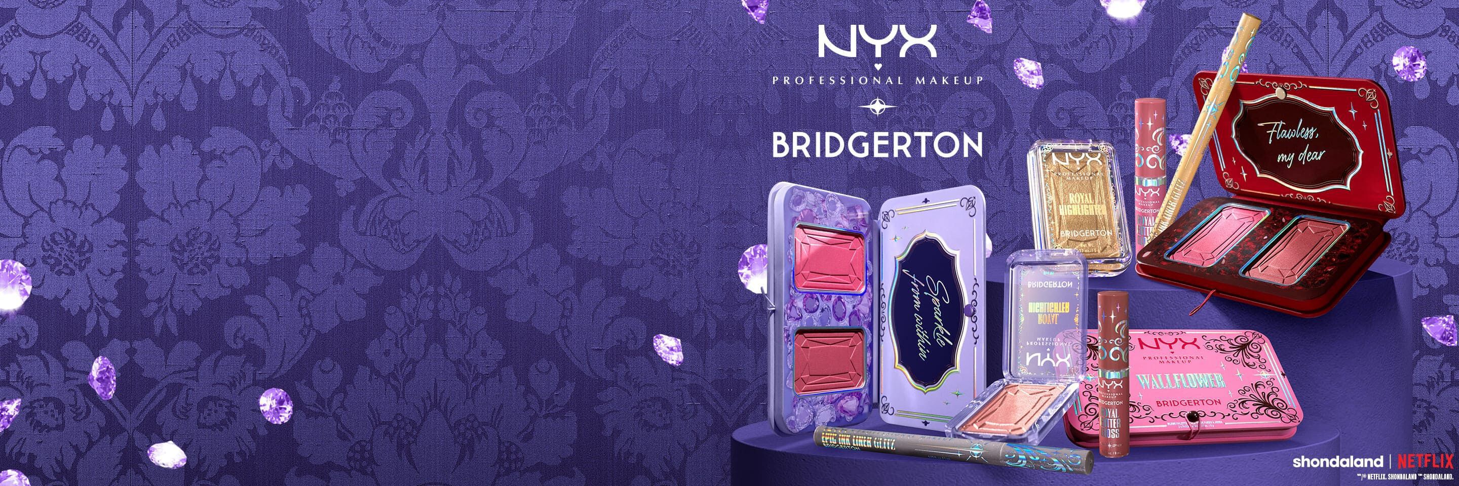 Wide banner for NYX Professional Makeup x Bridgerton collection. Left: 'Mask On! Be the Baddie of the Ball This Season.' text with 'Shop' button. Right: Collection makeup on purple pedestal. Purple damask background with gems.