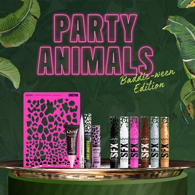 NYX Professional Makeup Party Animals Baddie-ween Edition Halloween banner with jungle leaf background, cheetah print gift set, eye and lip products, Fierce Looks Unleashed text