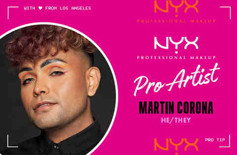 A professional makeup artist named Martin Corona promotes NYX products, featuring a vibrant pink background and text in Greek.