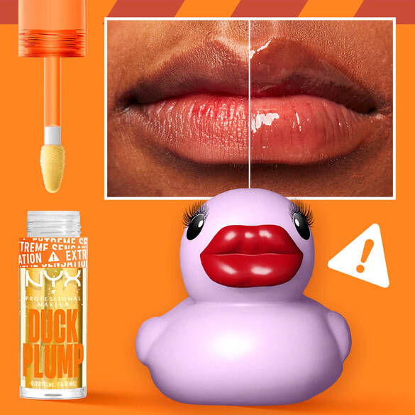 A lip plumping gloss and a cartoonish purple rubber duck with exaggerated red lips, next to before-and-after lip photos.