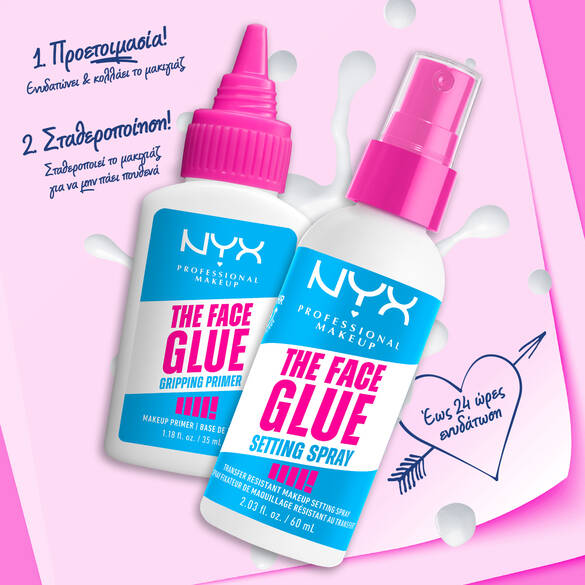 NYX professional makeup products featuring \'The Face Glue\' gripping primer and setting spray on a colorful background.