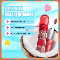 Coconut, vitamin icons, and water splash with text with NYX Professional Makeup Gum Drop Lip I.V. product: “With Instant Vitamins – Magnesium, Vitamin B12, Coconut Water.” in shade 01 Hydra Honey