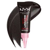 NYX Professional Makeup Party Animals Lid Lingerie Cream Eye Pigment in Gothic Garter, shown with a deep metallic black swatch.