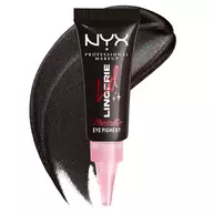NYX Professional Makeup Party Animals Lid Lingerie Cream Eye Pigment in Gothic Garter, shown with a deep metallic black swatch.
