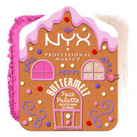 Shows a single "Buttermelt Face Palette" (a gingerbread house-shaped compact) next to a small swatch of its contents in shade 01 Light/Medium