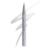 A silver-colored eyeliner pen positioned diagonally against a white background, accompanied by a matching textured swatch of the product of NYX Professional Makeup x Bridgerton Royal Epic Ink Liner Glitz in shade 01 Glitzed In Silver