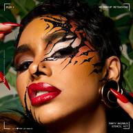 Model wearing bold animal-inspired black face stencil makeup with red lipstick, created using NYX Professional Makeup Party Animals Stencils Kit.