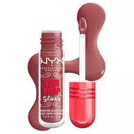 NYX Professional Makeup Gum Drop Gloss & Stain bottle shown with open applicator and a red candy-like textures swatch beside it in shade 01 Hydra Honey