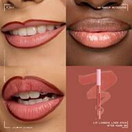 Quadrant showing Lip Lingerie Lip Liner Stain on three models of fair, deep, medium skin tones and the product solider with swatch behind the hex code color in shade 08 After Hours