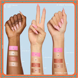 Shows three arms with varying skin tones, each with swatches of the Buttermelt Face Palette shades applied showing both shades.