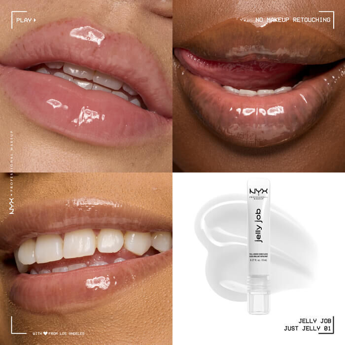 Quadrant showing Jelly Job lip macros on three models of fair, deep, medium skin tones and the product solider with swatch behind the hex code color in shade 01 Just Jelly