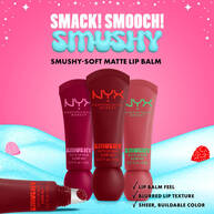 Pink background with NYX Professional Makeup Holiday Smushy Kit packshots and callouts: “Lip balm feel. Sheer. Buildable color.”