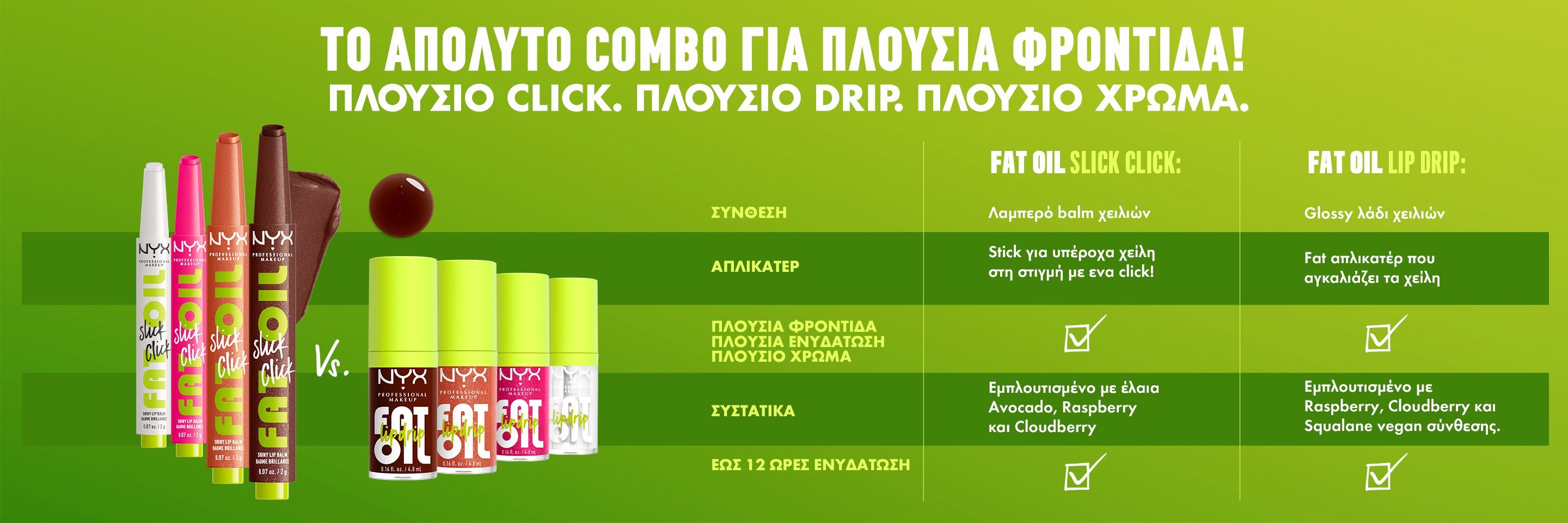 Image features a product advertisement for NYX cosmetics, highlighting three lip products: Slick Click, Drip, and Lip Drip, with ingredients.