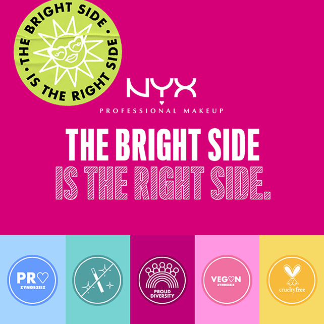 Colorful promotional graphic for NYX Professional Makeup highlighting their values: inclusivity, vegan, and cruelty-free.